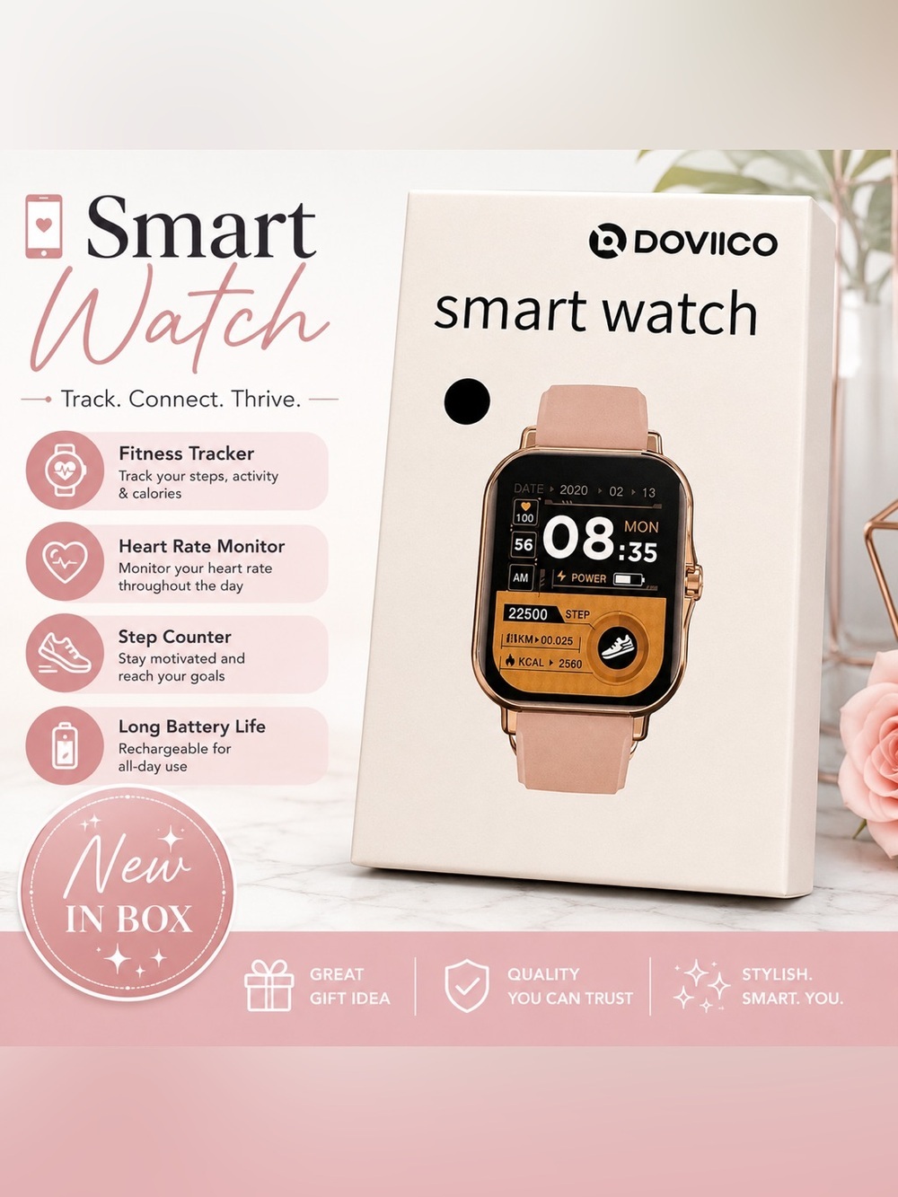 DOVIICO Smart Watch Rose Gold Pink Band Fitness Tracker New in Box